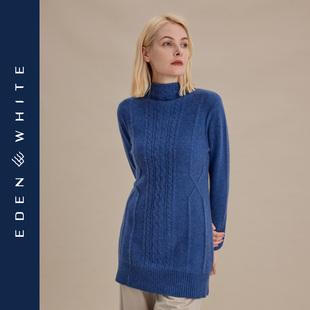 圣雪绒秋冬款 女高领复古绞花加厚针织连衣裙 纯羊绒衫