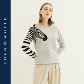 手绘动物图案复古打底针织衫 圣雪绒2021秋冬新款 女圆领提花羊绒衫