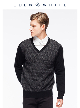 圣雪绒2019秋冬新品羊绒衫男士V领几何纹样提花休闲黑色针织衫