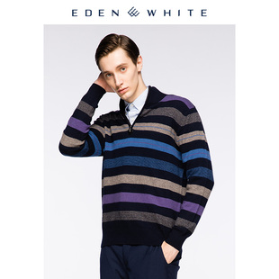 男半高领拉链条纹拼色套衫 圣雪绒2018秋冬新款 纯羊绒衫