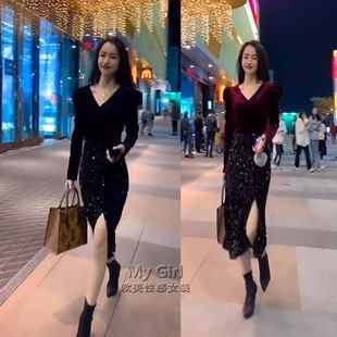 亮片连衣裙网红同款正版丝绒拼接优雅性感开叉洋气中长款裙潮