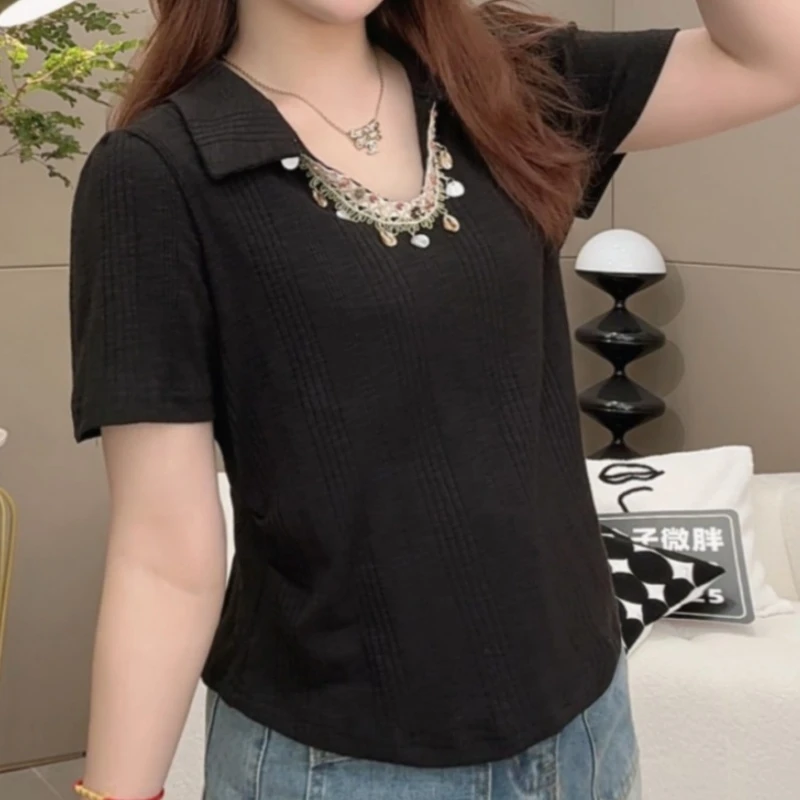 大码设计感重工流苏正肩短袖t恤女装胖mm显瘦别致绝美遮肚上衣夏