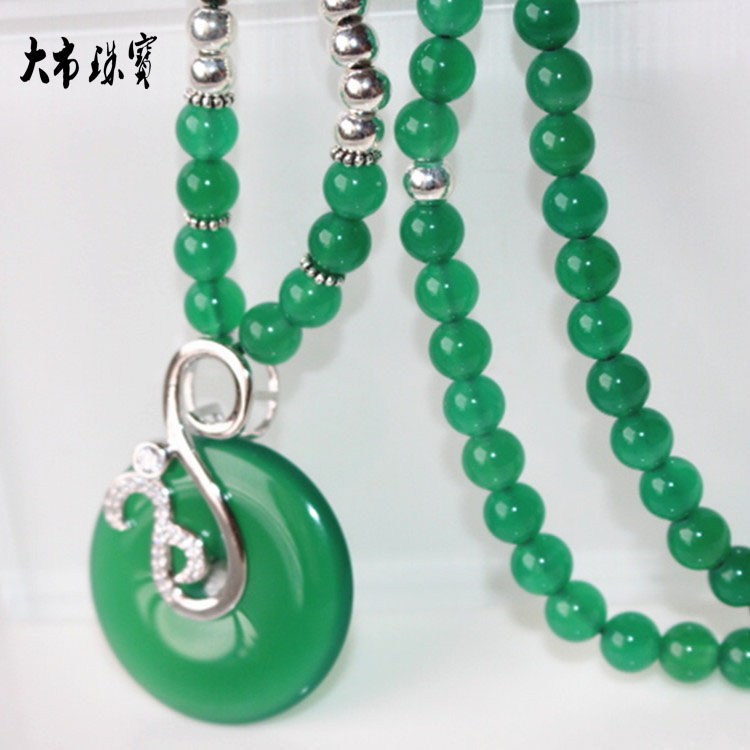 天然绿玉髓毛衣链女s925银长款瑞丽圆珠链百搭平安扣镶纯银大吊坠