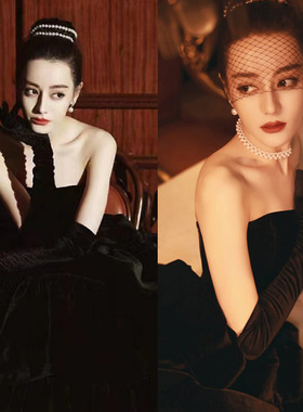 热巴同款黑色丝绒手套长礼服袖套领证登记拍照道具红色万圣节cos