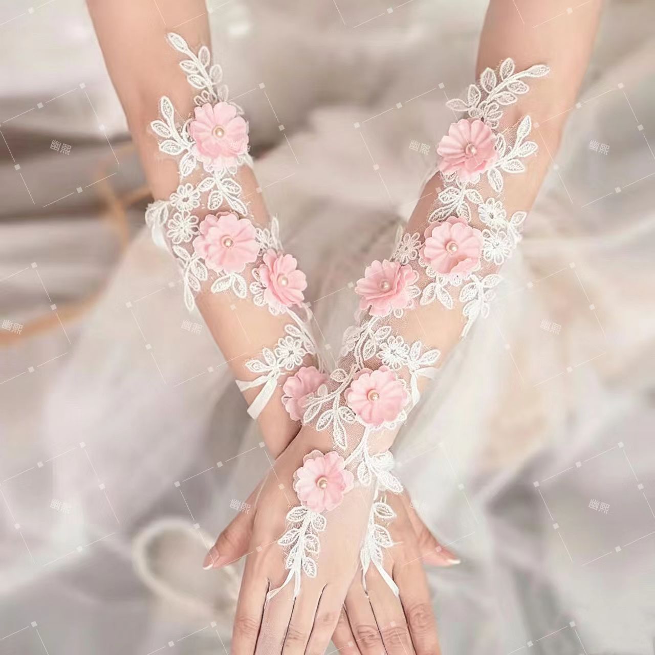 洛丽塔手套lolita花朵蕾丝花边网纱勾指手袖花嫁公主COS拍照粉蓝