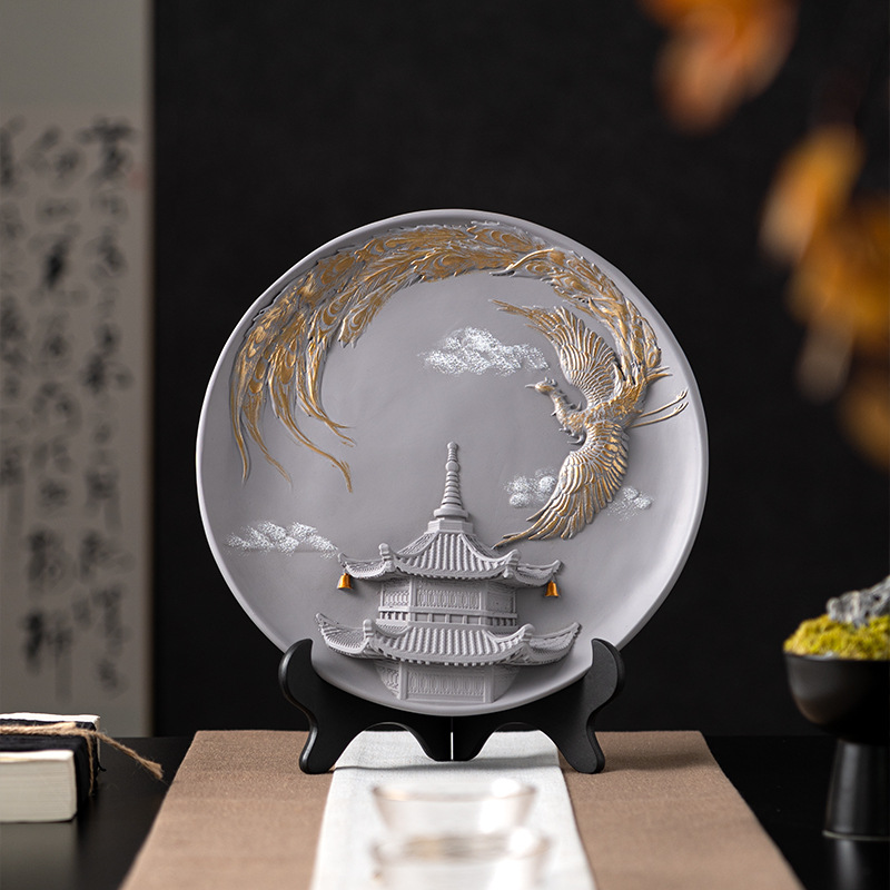 新中式描金立盘浮雕工艺品摆件客厅电视柜酒柜样板间酒店柜软装