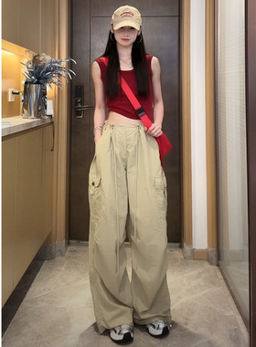 新品美式复古美拉德明星同款2025新春秋速干工装休闲直筒束脚长裤