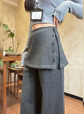 灰色假两件屁帘裤女冬2025新款加绒加厚卫裤小个子高腰叠穿微喇裤