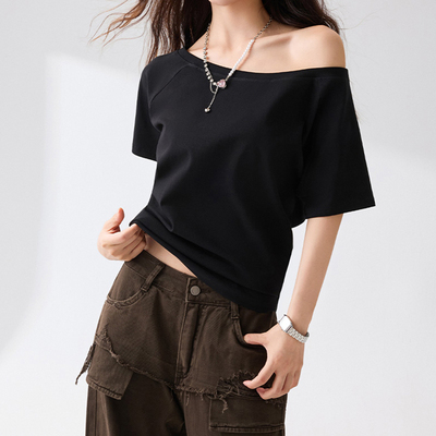 黑色一字肩短袖T恤女2025年夏季