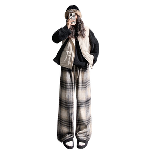 加绒格子裤子女秋冬2025新款高腰垂感棉裤直筒休闲红色毛呢阔腿裤