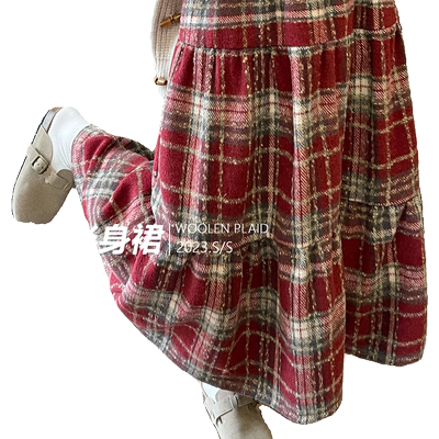 格子毛呢显瘦a字中长裙