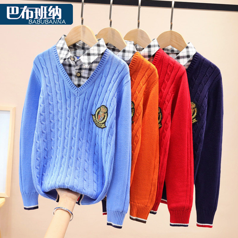 男童毛衣套头秋冬加绒加厚红色儿童线衣中大童针织衫9男孩12-15岁