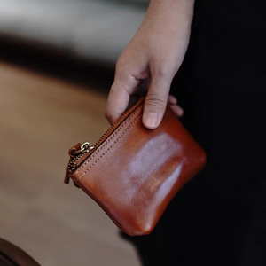 瑞贝卡罗西植鞣牛皮复古做旧拉链真皮小零钱包耳机硬币收纳卡包