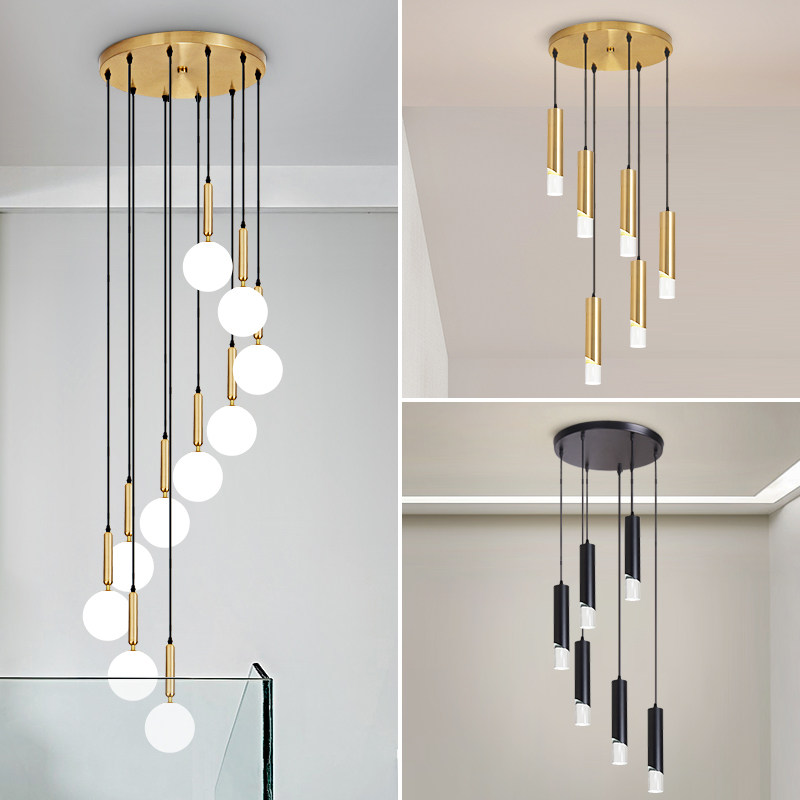 斯堪的纳维亚风格别墅楼梯枝形吊灯覆式地板长枝形吊灯简单现代长