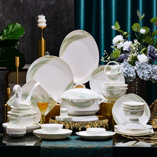 52件唐山骨瓷餐具盘碗碟勺筷子套装10人餐静语流年简约家用可微波