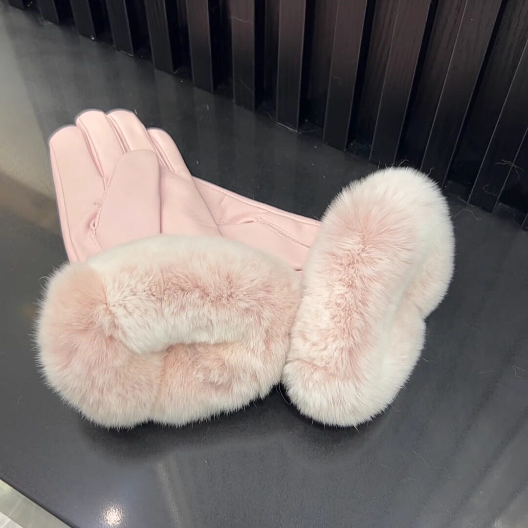 真皮绵羊皮+真毛兔毛手套