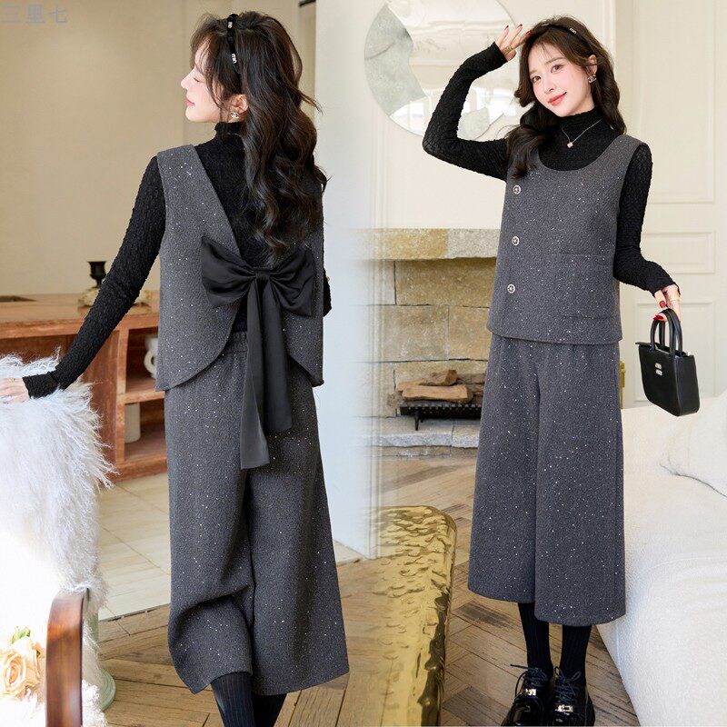 高级感女人味轻奢简约春秋设计感百搭蝴蝶结马甲阔腿裤三件套套装