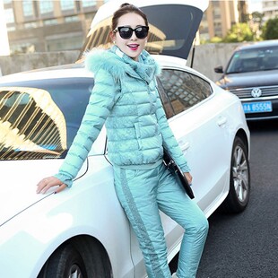 黄天蓝色羽绒棉服三件套女装2026秋冬季新款时尚棉袄大码棉衣套装