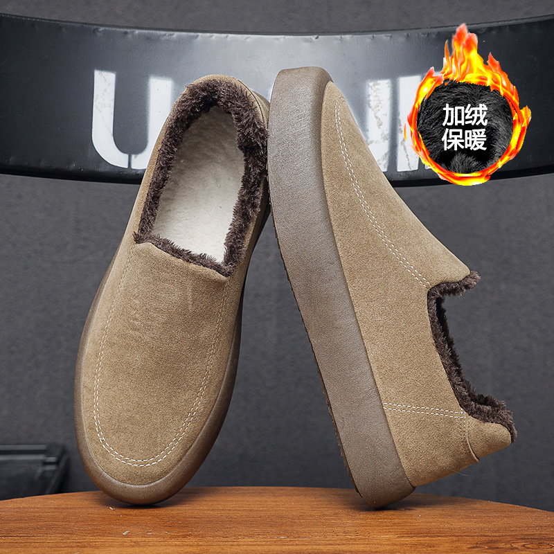 男鞋冬季加绒保暖一脚蹬棉鞋男士休闲皮鞋防滑软底豆豆鞋开车鞋子