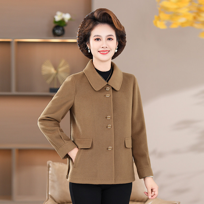 妈妈装秋冬季西装领外套中老年女装洋气冬装毛呢子纯色短款洋气新