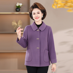 妈妈装秋冬季西装领外套中老年女装洋气冬装毛呢子纯色简约短款新