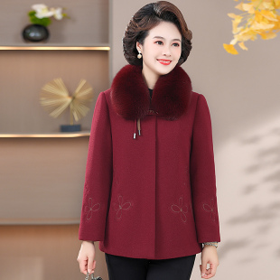 中老年女装 修身 秋冬季 雪貂绒毛呢外套妈妈装 呢子大衣 中式 2023新款