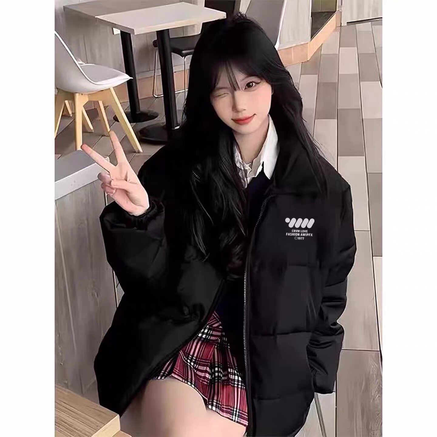 新款百搭美式黑色羽绒棉服女宽松保暖棉衣初中学生棉袄外套秋冬潮