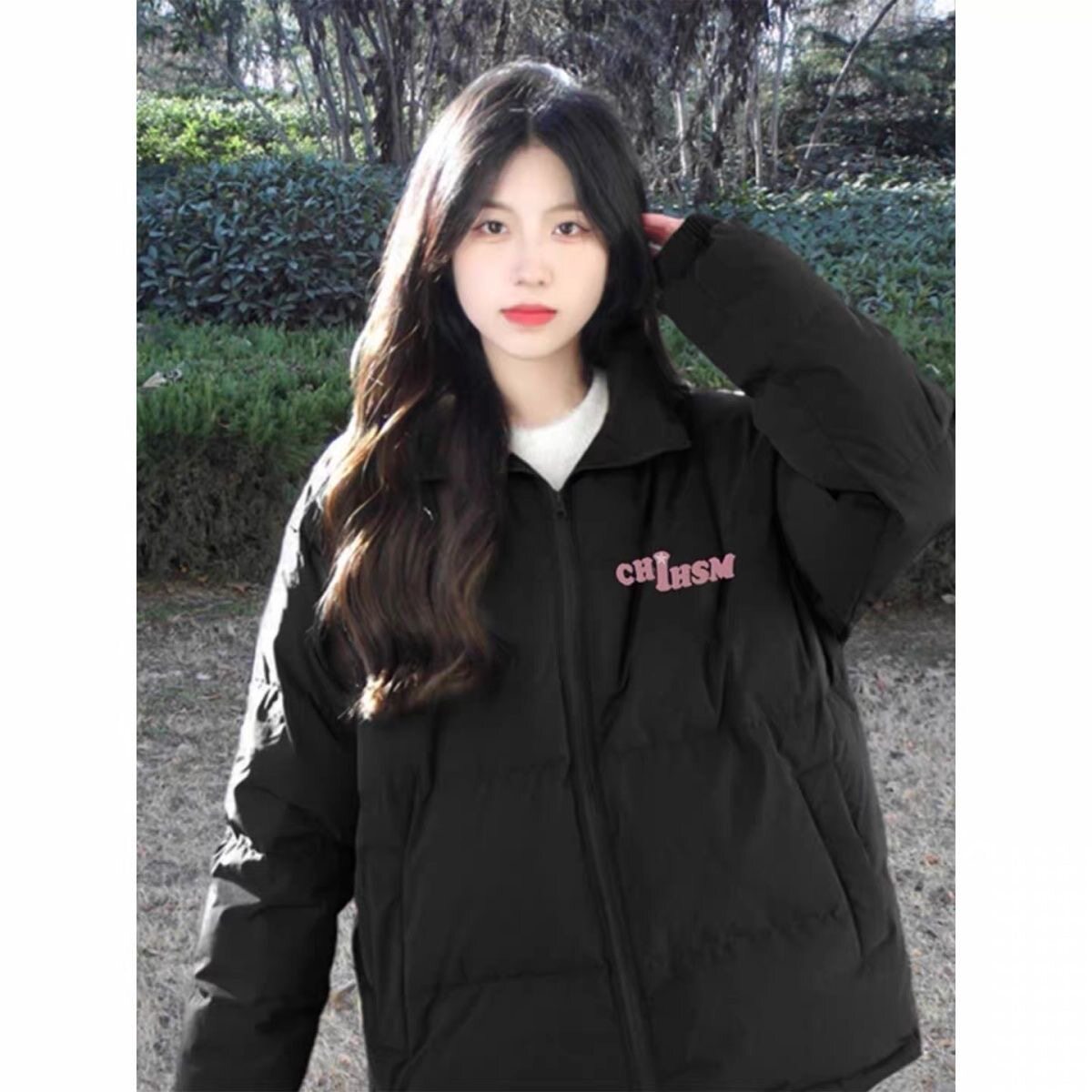黑色棉服女冬季宽松保暖棉衣立领羽绒棉袄新款好看加厚字母外套