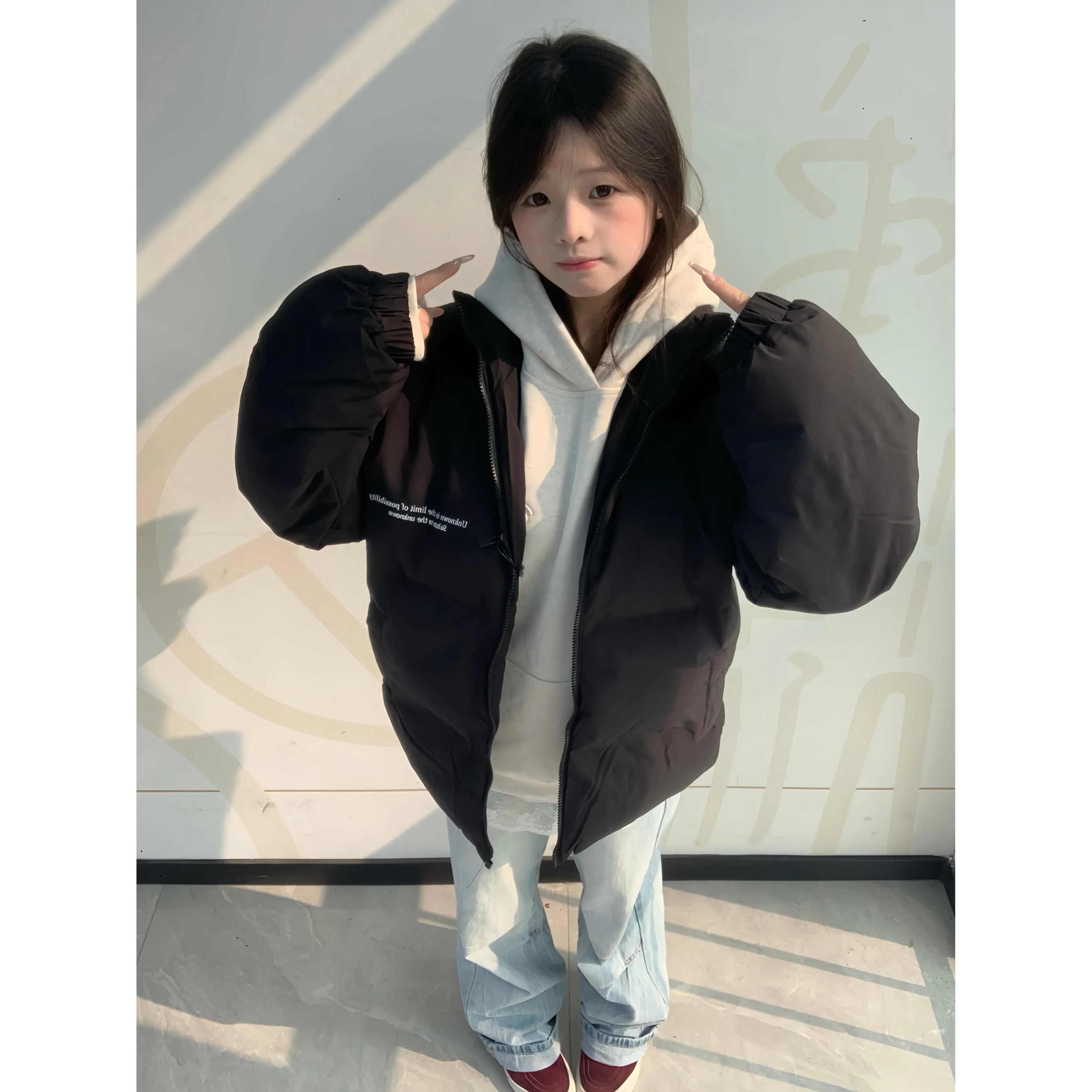 黑色中长款轻薄羽绒棉服女大童冬季初中高中学生宽松加厚防寒外套
