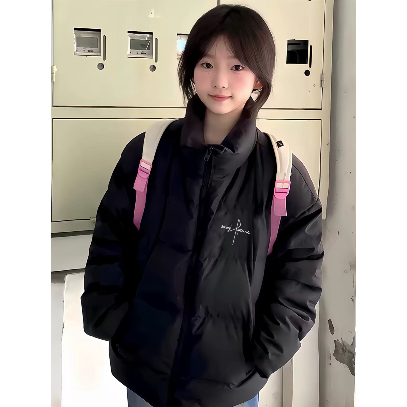 黑色百搭小个子羽绒棉服女冬季新款大童初中高中学生宽松保暖外套