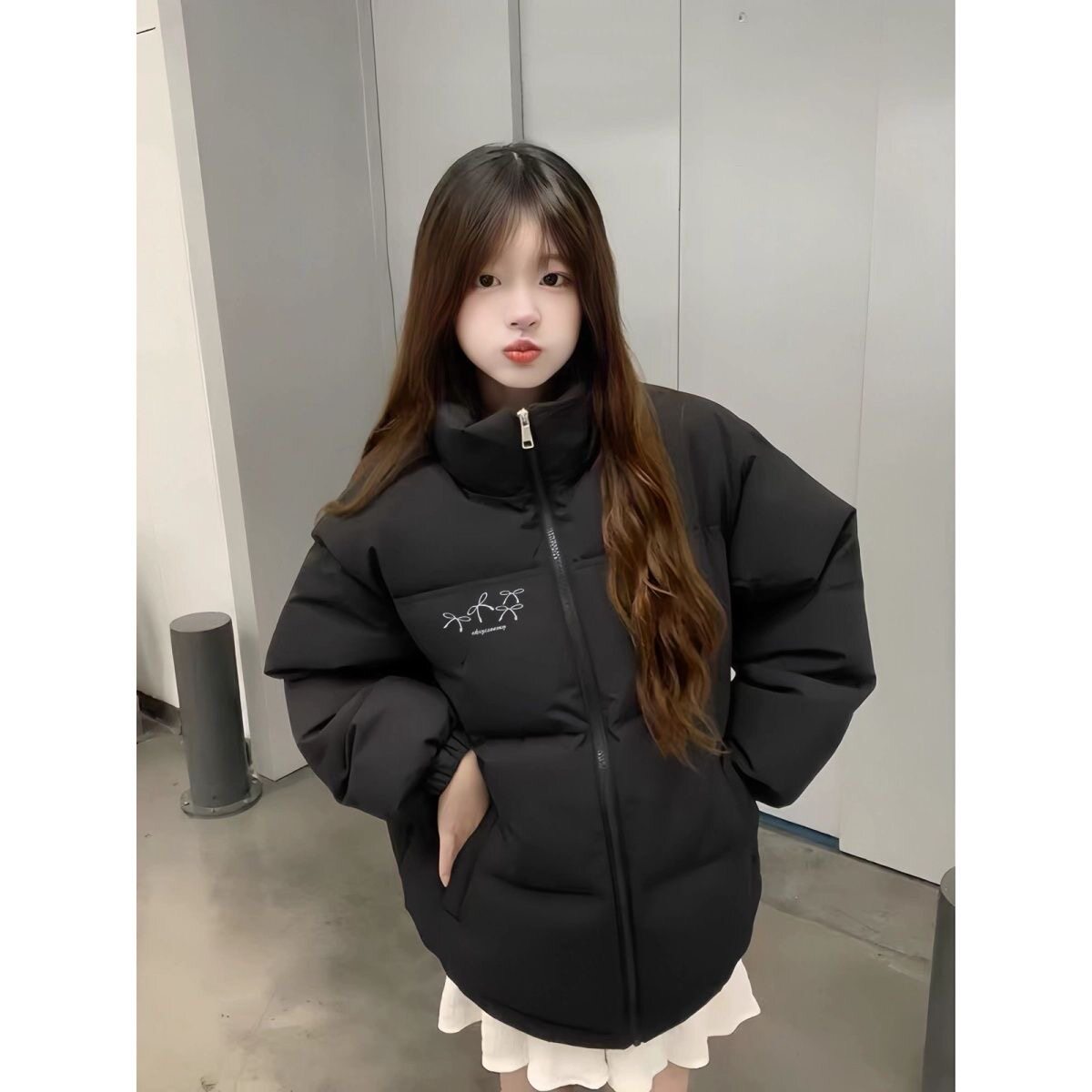 黑色百搭学院风面包棉服女大童冬季初中高中学生宽松加厚外套棉袄