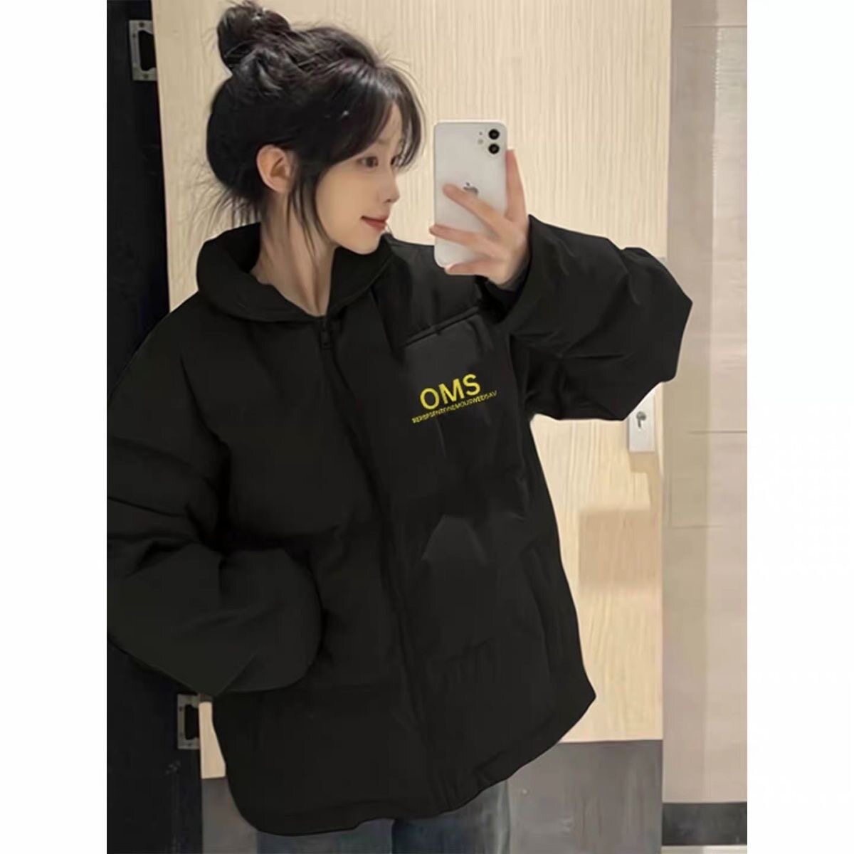 黑色羽绒棉服女秋冬宽松加厚棉袄字母印花中长款初中学生棉衣外套