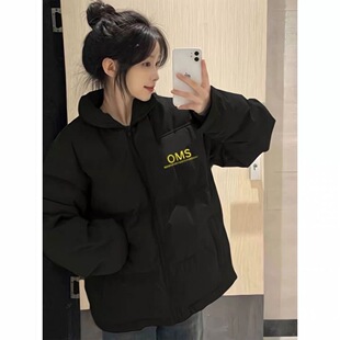 黑色羽绒棉服女秋冬宽松加厚棉袄字母印花中长款初中学生棉衣外套