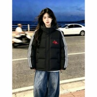 新款三条杠连帽羽绒棉服女苹果印花外套冬ins潮宽松保暖学生棉服
