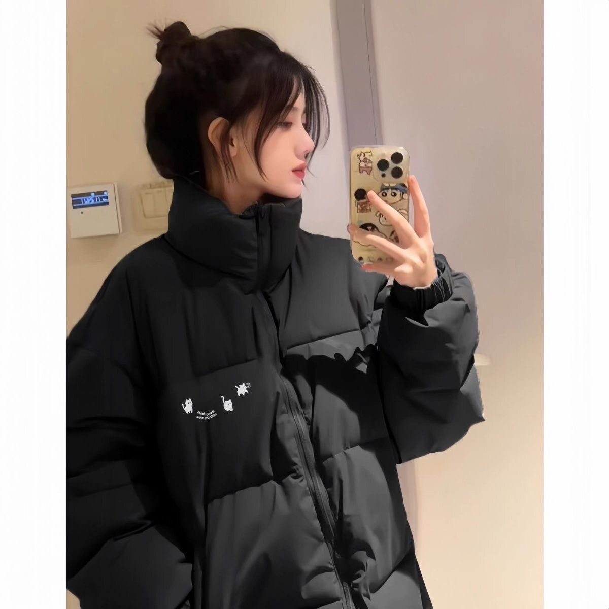 黑色立领中长款羽绒棉服女大童冬季初中高中学生厚外套面包服棉袄