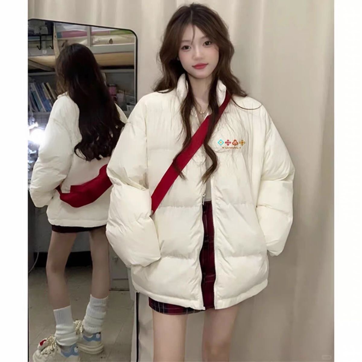 白色新款面包服女冬季宽松保暖羽绒棉服小众初中高中学生棉衣外套