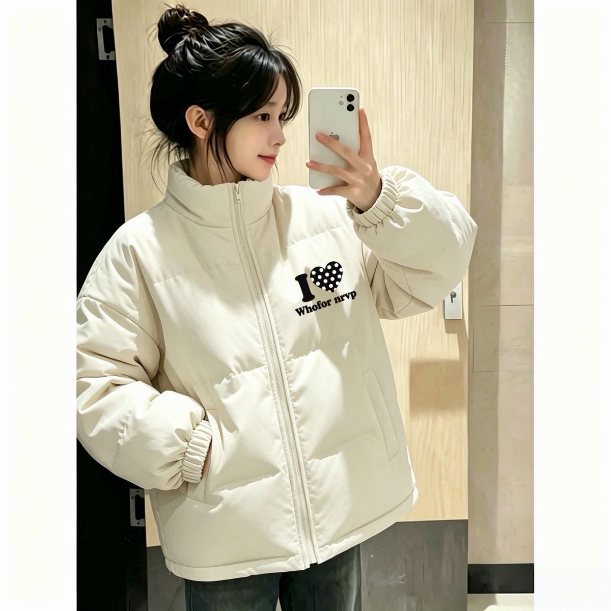 韩系爱心波点羽绒棉服女冬季学生立领宽松加厚休闲保暖棉衣外套潮