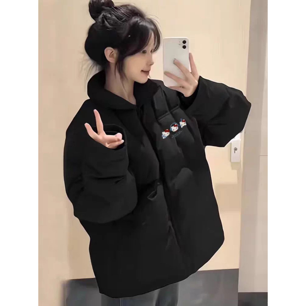 Kitty猫黑色羽绒棉服女学生宽松百搭加厚面包服棉袄初中高中外套