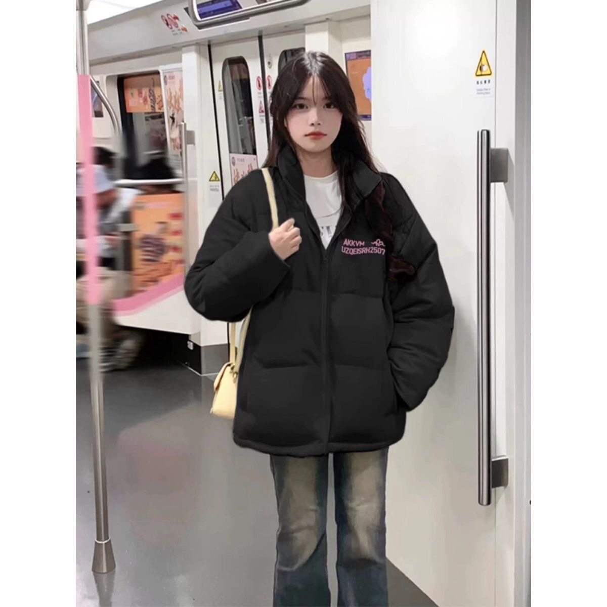 美式潮牌短款羽绒棉服女冬季慵懒风加厚oversize黑色面包服外套潮