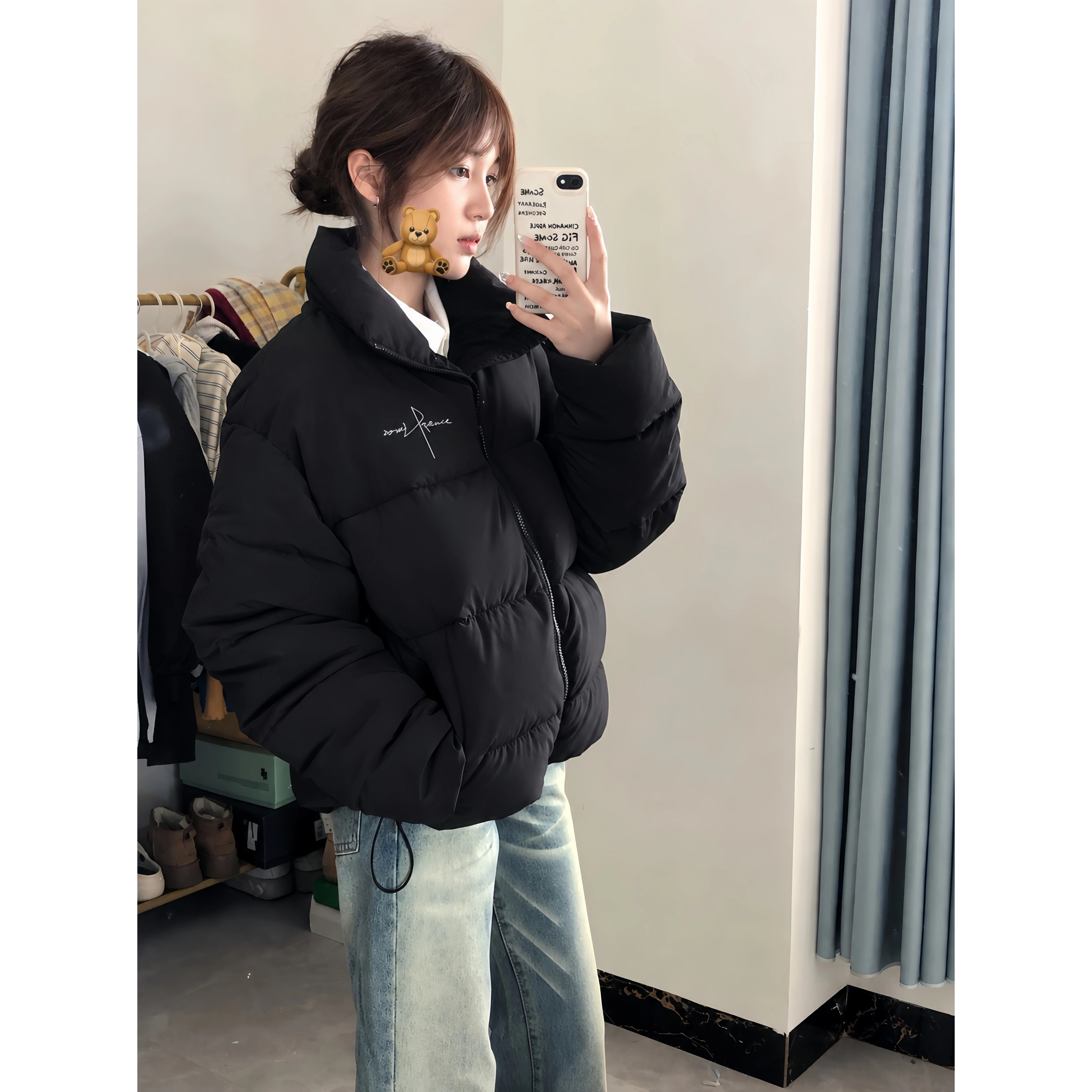 少女大童立领羽绒棉服冬季黑色保暖防寒初中高中学生面包服外套潮