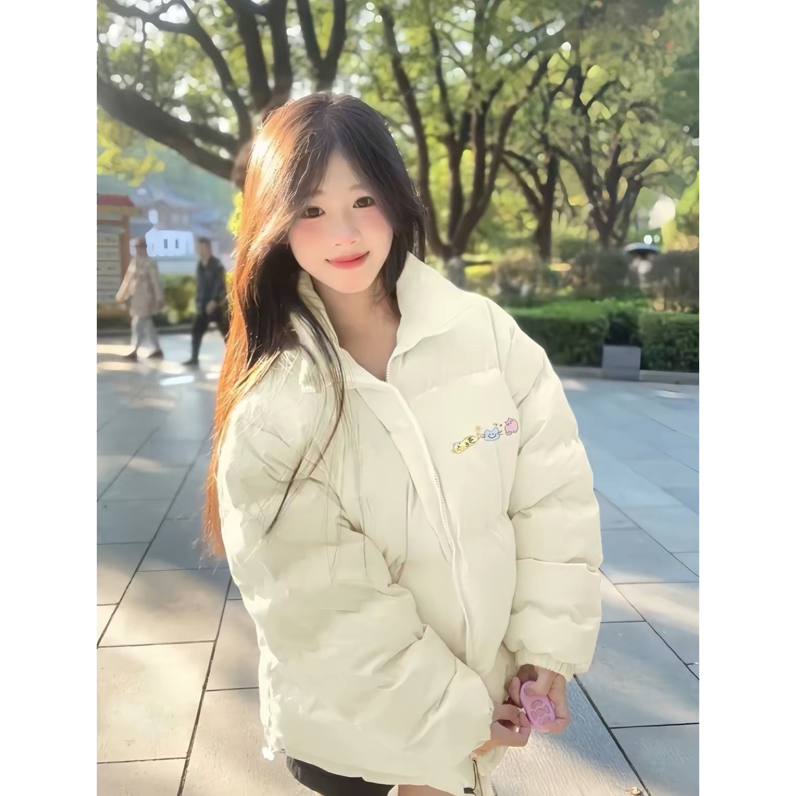 大童少女米白色立领羽绒棉服女冬季初中高中大学生保暖面包服外套