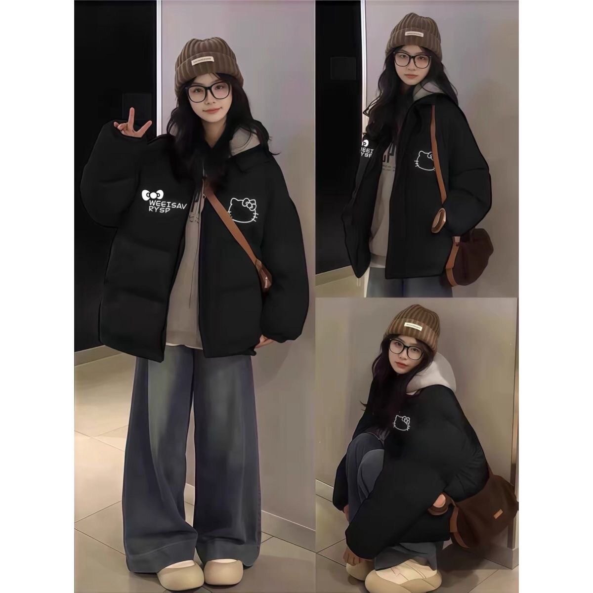 黑色短款羽绒棉服女大童2026新爆款初中高中学生宽松加厚保暖外套