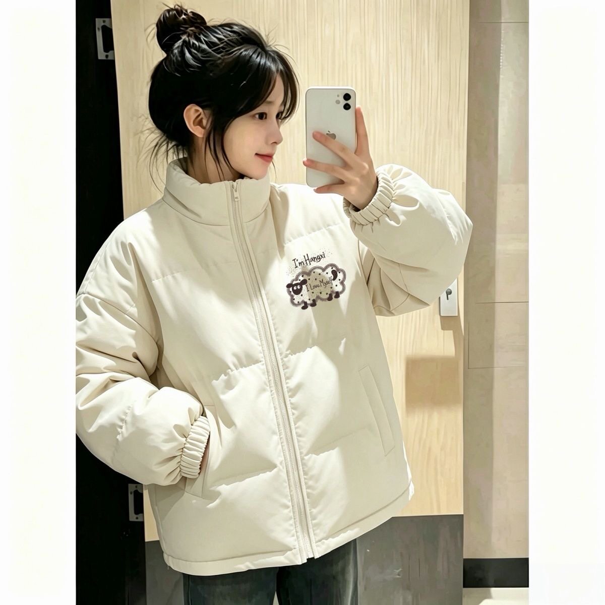 冬季学生小羊印花羽绒棉服女米白色立领宽松加厚韩系面包服外套