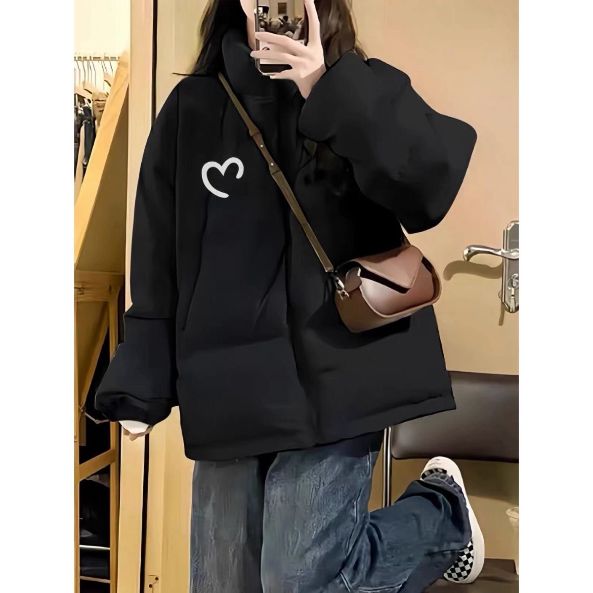 黑色加厚保暖立领羽绒棉服女大童冬季初中高中大学生宽松外套棉袄