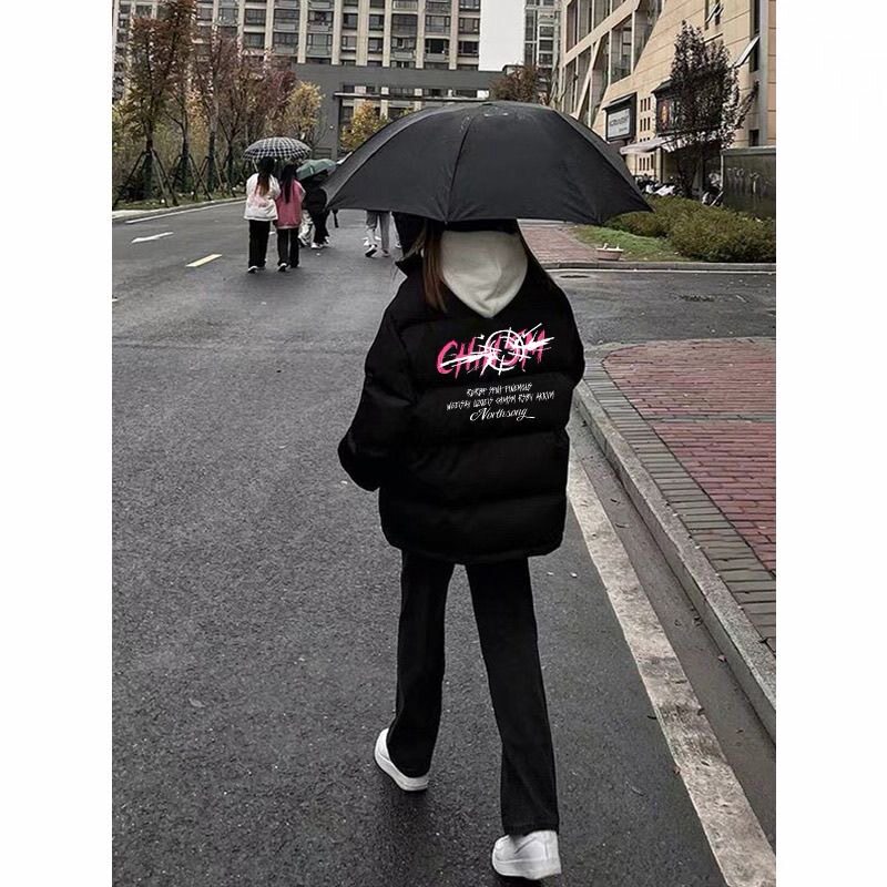 美式设计感黑色轻薄羽绒棉服女新款宽松百搭设计感印花冬季外套潮