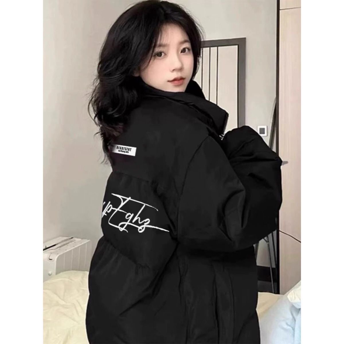 美式复古羽绒棉服女秋冬季新款街头潮牌宽松学生保暖立领黑色外套