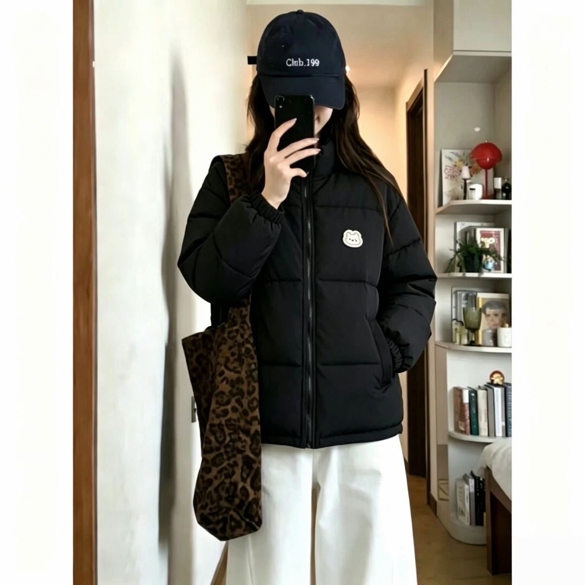 黑色百搭立领羽绒棉服女大童冬季初中高中学生宽松外套面包服棉袄