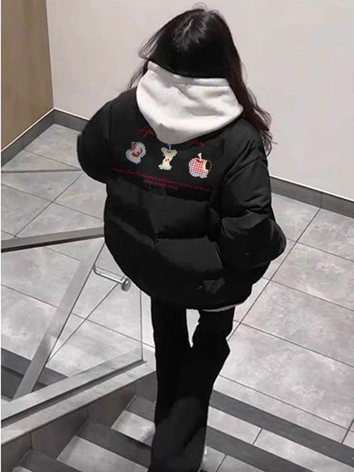 美式潮牌苹果印花黑色立领羽绒服女款2025新款冬季设计感棉服外套