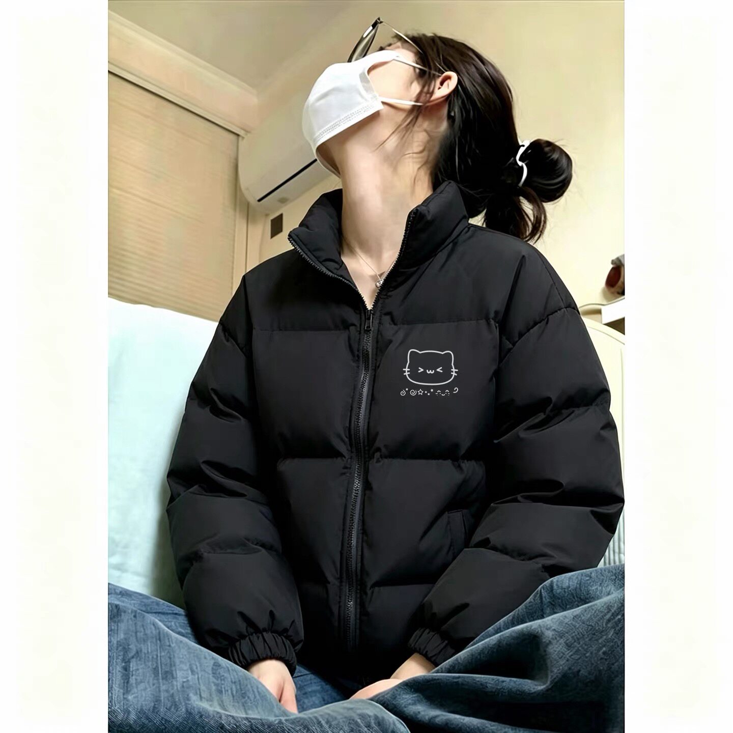 美式黑色羽绒棉服女款秋冬季高中生保暖高街防寒立领夹棉棉衣外套