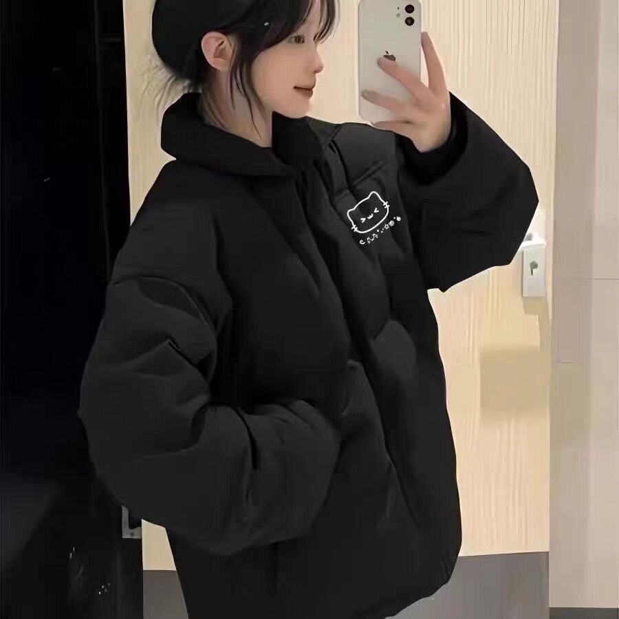 美式女大童黑色百搭羽绒棉服初中高中学生宽松保暖面包服外套女潮